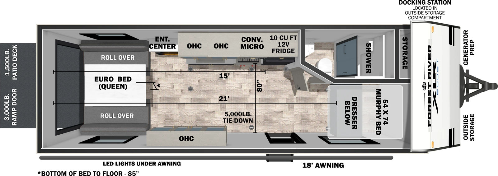 The XLR Boost 2115B floorplan is a toy hauler that has one entry and zero slide outs. Exterior features include: fiberglass exterior and 18' awning. Interiors features include: murphy bed.